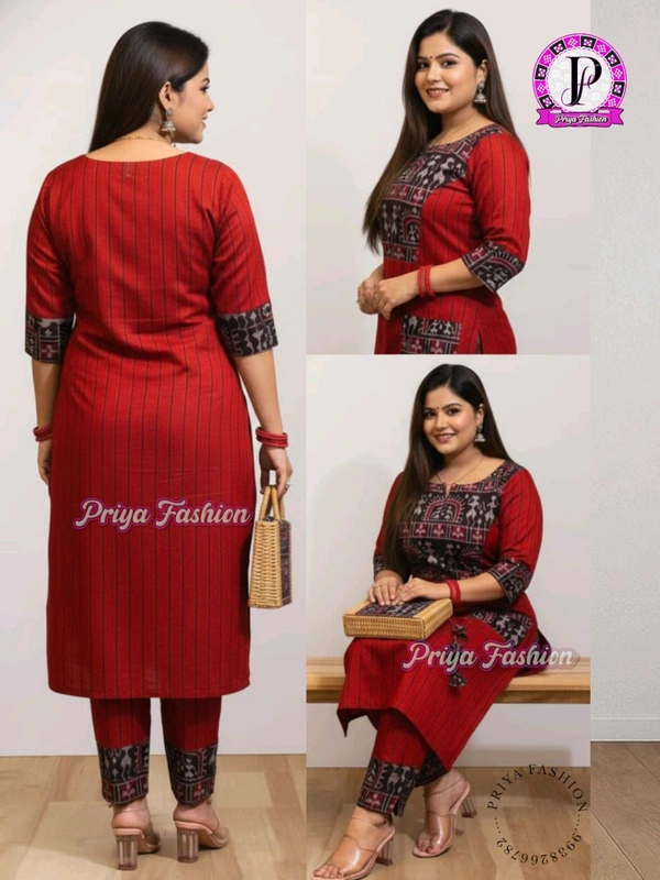 102391 Sambalpuri Handloom Cotton Stitching Kurti In Meroon Colour  - Guardsman Red, L- 38, Only Kurti