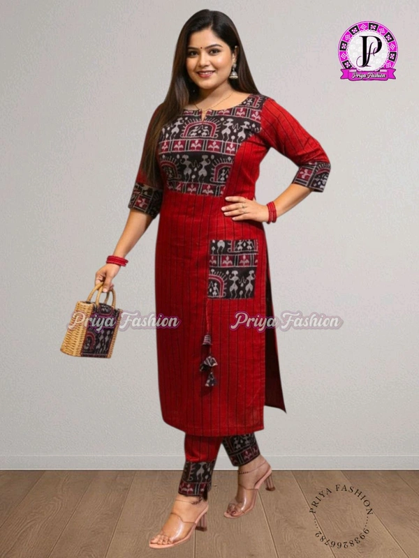 102391 Sambalpuri Handloom Cotton Stitching Kurti In Meroon Colour  - Guardsman Red, XXXL-44, Only Kurti