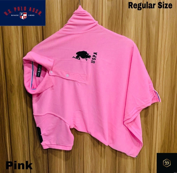 Cotton Solid Half Sleeves USPA Polo T-Shirt For Men-Pink - XL