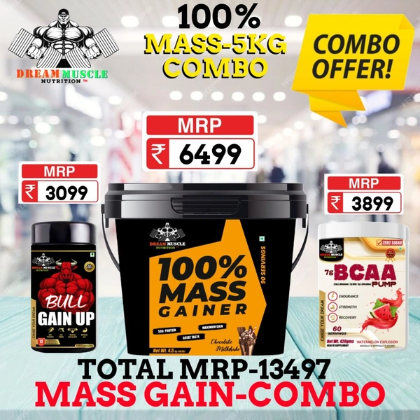 𝐂𝐎𝐌𝐁𝐎 :100% 𝗠𝗔𝗦𝗦 𝗚𝗔𝗜𝗡𝗘𝗥 - 5𝗞𝗚 + BULL GAIN UP + BCAA 60S