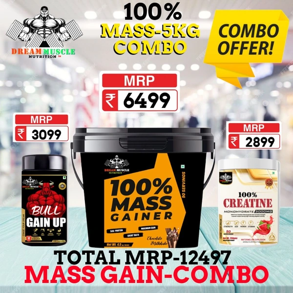 𝐂𝐎𝐌𝐁𝐎 :100% 𝗠𝗔𝗦𝗦 𝗚𝗔𝗜𝗡𝗘𝗥 - 5𝗞𝗚 + CREATINE 250GM