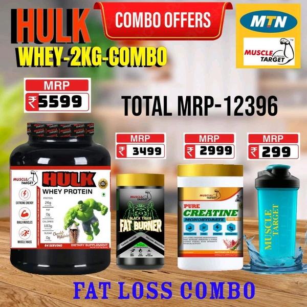 𝐂𝐎𝐌𝐁𝐎: 𝗛𝗨𝗟𝗞 𝗪𝗛𝗘𝗬 - 2𝗞𝗚 + FAT BURNER + CREATINE 250GM