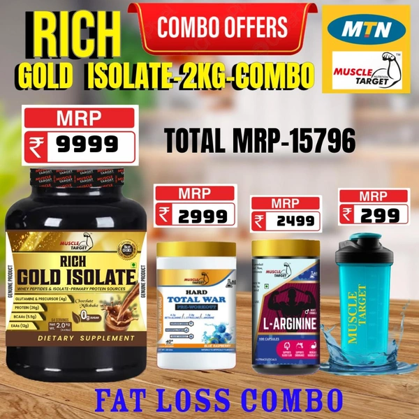 𝐂𝐎𝐌𝐁𝐎: 𝗥𝗜𝗖𝗛 𝗚𝗢𝗟𝗗 𝗜𝗦𝗢𝗟𝗔𝗧𝗘 -2𝗞𝗚 +  HARD PRE WORKOUT 40S + L - ARGININE