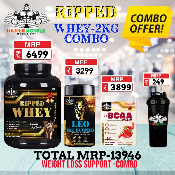 𝐂𝐎𝐌𝐁𝐎 : 𝗥𝗜𝗣𝗣𝗘𝗗 𝗪𝗛𝗘𝗬 -  2𝗞𝗚 + LEO FAT BURNER + BCAA 60S