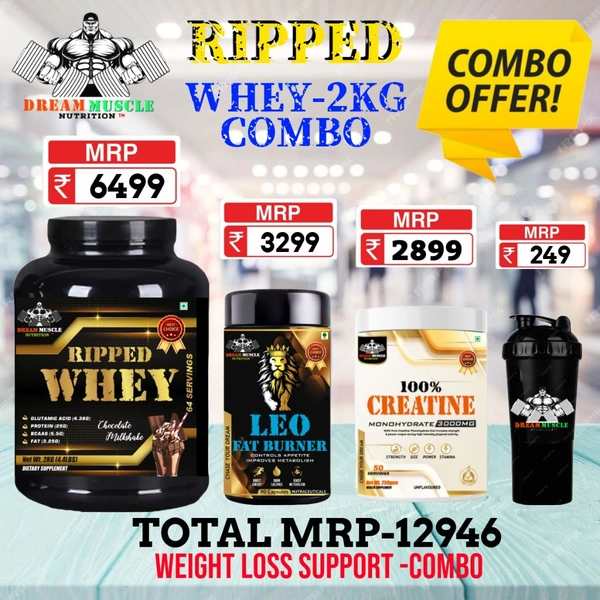 𝐂𝐎𝐌𝐁𝐎 : 𝗥𝗜𝗣𝗣𝗘𝗗 𝗪𝗛𝗘𝗬 -  2𝗞𝗚 + LEO FAT BURNER + CREATINE UNFLAVOUR 50S
