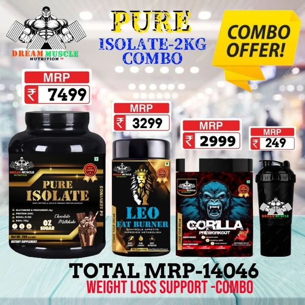 𝐂𝐎𝐌𝐁𝐎 :𝗣𝗨𝗥𝗘 𝗜𝗦𝗢𝗟𝗔𝗧𝗘 - 2𝗞𝗚 + LEO FAT BURNER + GORILLA PREWORKOUT 30S