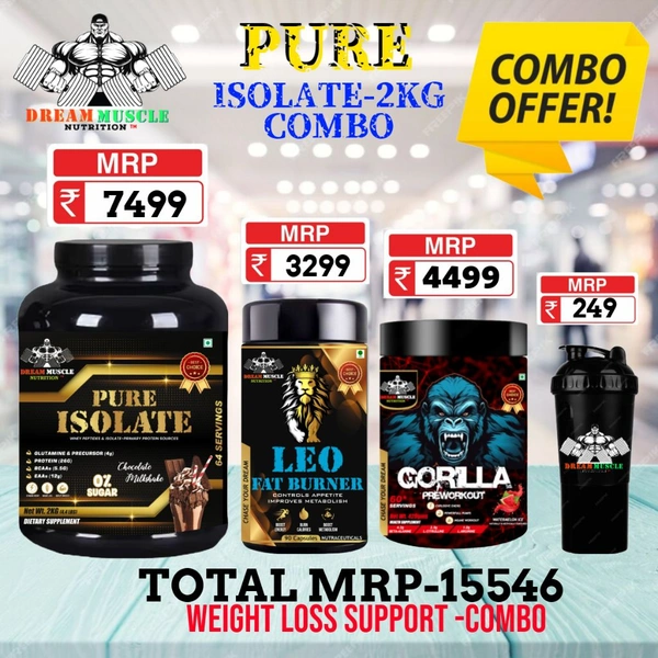 𝐂𝐎𝐌𝐁𝐎 :𝗣𝗨𝗥𝗘 𝗜𝗦𝗢𝗟𝗔𝗧𝗘 - 2𝗞𝗚 + LEO FAT BURNER + GORILLA PREWORKOUT 60S