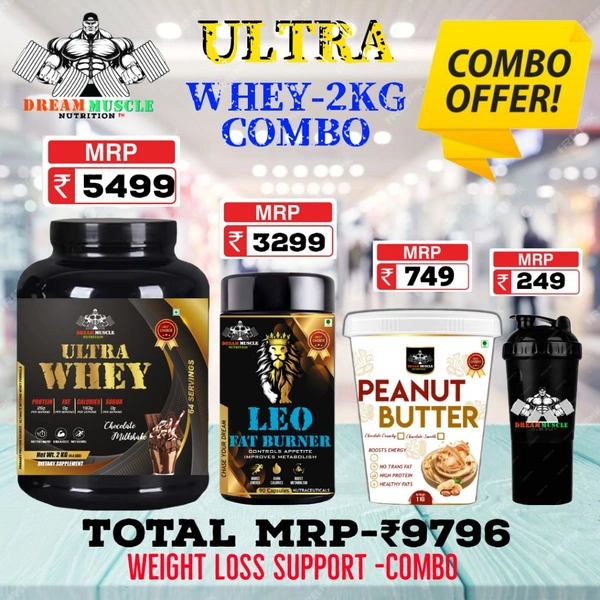 𝐂𝐎𝐌𝐁𝐎 : 𝗨𝗟𝗧𝗥𝗔 𝗪𝗛𝗘𝗬 - 2𝗞𝗚 + LEO FAT BURNER + PEANUT BUTTER 1KG