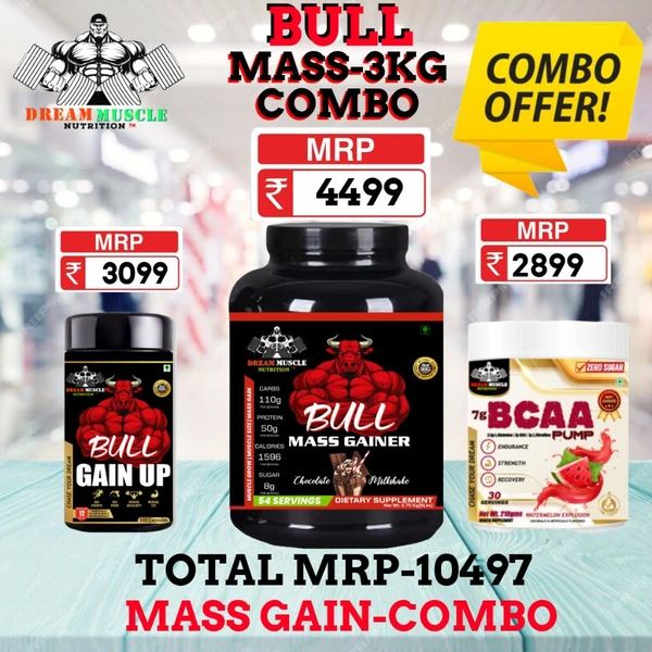 𝐂𝐎𝐌𝐁𝐎 :𝗕𝗨𝗟𝗟 𝗠𝗔𝗦𝗦 𝗚𝗔𝗜𝗡𝗘𝗥 - 3𝗞𝗚 + BULL GAIN UP + BCAA 30S