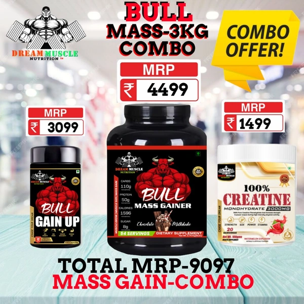 𝐂𝐎𝐌𝐁𝐎 :𝗕𝗨𝗟𝗟 𝗠𝗔𝗦𝗦 𝗚𝗔𝗜𝗡𝗘𝗥 - 3𝗞𝗚 + BULL GAIN UP + CREATINE 20S