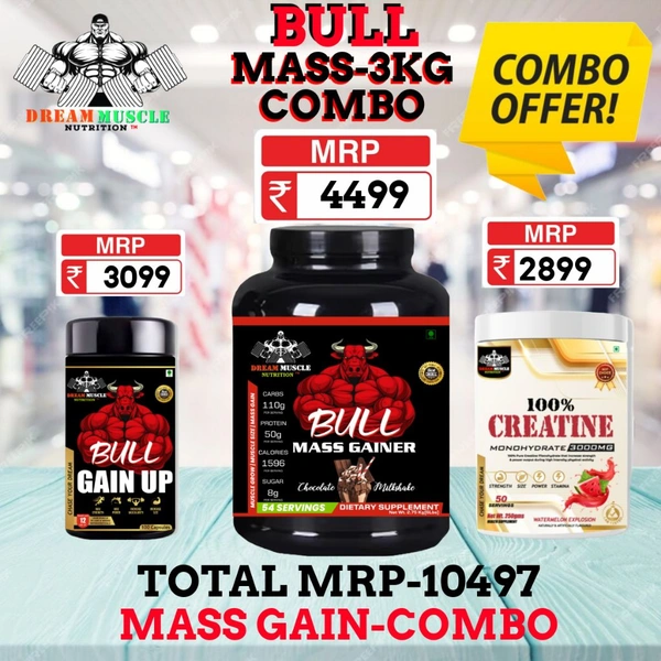 𝐂𝐎𝐌𝐁𝐎 :𝗕𝗨𝗟𝗟 𝗠𝗔𝗦𝗦 𝗚𝗔𝗜𝗡𝗘𝗥 - 3𝗞𝗚 + BULL GAIN UP + CREATINE 50S