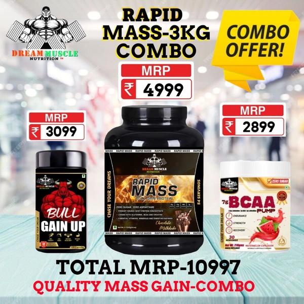 𝗖𝗢𝗠𝗕𝗢 :𝗥𝗔𝗣𝗜𝗗 𝗠𝗔𝗦𝗦 𝗚𝗔𝗜𝗡𝗘𝗥 - 3𝗞𝗚 + BULL GAINUP + BCAA 30S