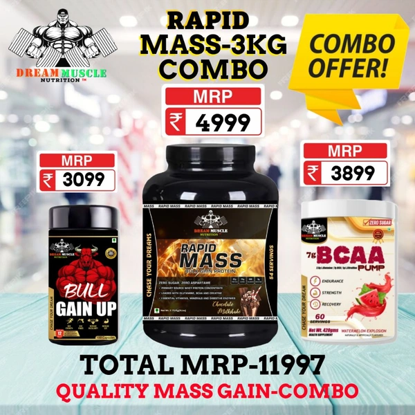 𝗖𝗢𝗠𝗕𝗢 :𝗥𝗔𝗣𝗜𝗗 𝗠𝗔𝗦𝗦 𝗚𝗔𝗜𝗡𝗘𝗥-3𝗞𝗚 + BULL GAINUP + BCAA 60S