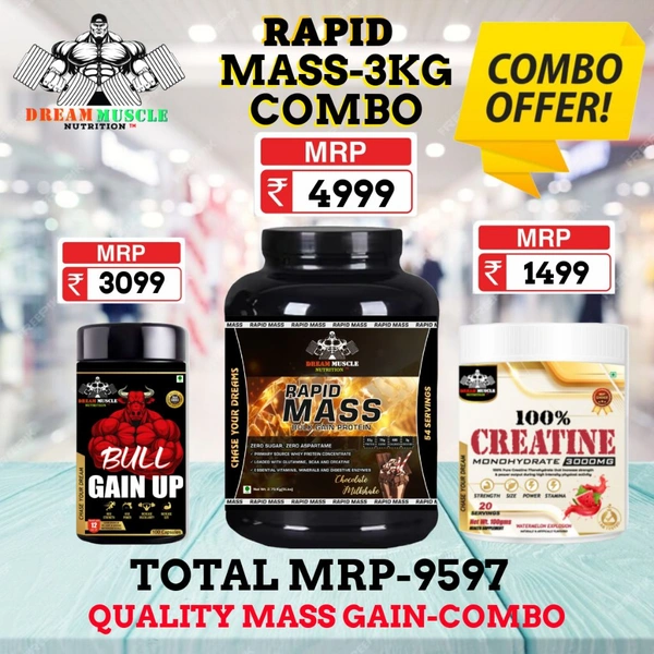 𝗖𝗢𝗠𝗕𝗢 :𝗥𝗔𝗣𝗜𝗗 𝗠𝗔𝗦𝗦 𝗚𝗔𝗜𝗡𝗘𝗥-3𝗞𝗚 + BULL GAINUP + CREATINE 100GM