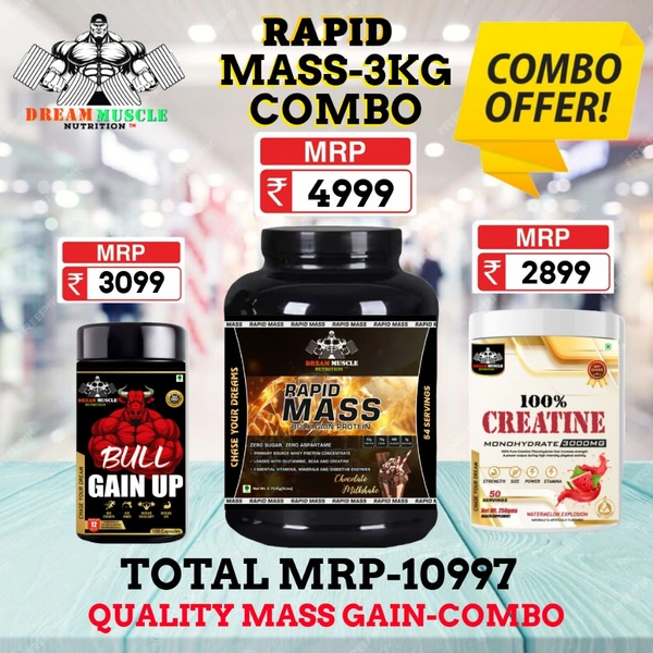 𝗖𝗢𝗠𝗕𝗢 :𝗥𝗔𝗣𝗜𝗗 𝗠𝗔𝗦𝗦 𝗚𝗔𝗜𝗡𝗘𝗥-3𝗞𝗚 + BULL GAINUP + CREATINE 250GM