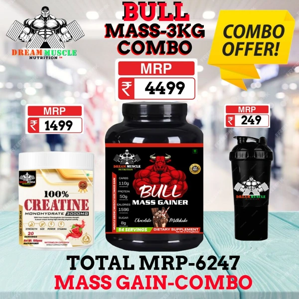 𝐂𝐎𝐌𝐁𝐎 :𝗕𝗨𝗟𝗟 𝗠𝗔𝗦𝗦 𝗚𝗔𝗜𝗡𝗘𝗥 - 3𝗞𝗚 + CREATINE 100GM