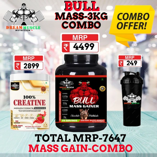 𝐂𝐎𝐌𝐁𝐎 :𝗕𝗨𝗟𝗟 𝗠𝗔𝗦𝗦 𝗚𝗔𝗜𝗡𝗘𝗥 - 3𝗞𝗚 + CREATINE 250GM