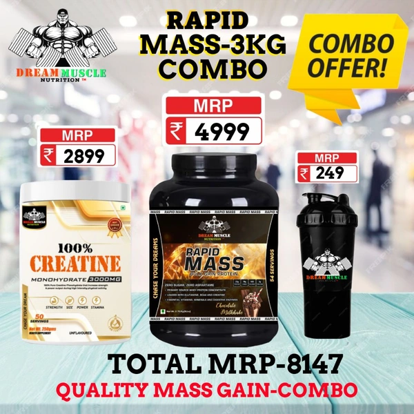 𝗖𝗢𝗠𝗕𝗢 :𝗥𝗔𝗣𝗜𝗗 𝗠𝗔𝗦𝗦 𝗚𝗔𝗜𝗡𝗘𝗥-3𝗞𝗚 + CREATINE 50S