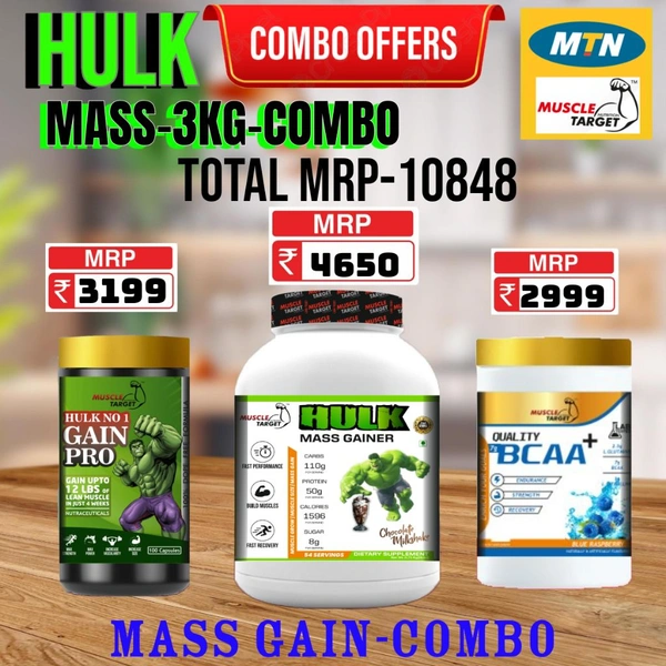 𝐂𝐎𝐌𝐁𝐎 :  𝗛𝗨𝗟𝗞 𝗠𝗔𝗦𝗦 𝗚𝗔𝗜𝗡𝗘𝗥 - 3𝗞𝗚 + GAINS PRO +  BCAA 30S