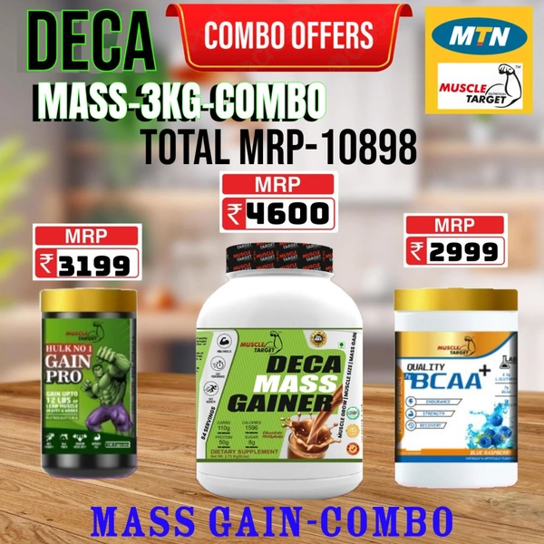 𝗖𝗢𝗠𝗕𝗢 : 𝗗𝗘𝗖𝗔 𝗠𝗔𝗦𝗦 𝗚𝗔𝗜𝗡𝗘𝗥 - 3𝗞𝗚 + GAINS PRO + BCAA 30S