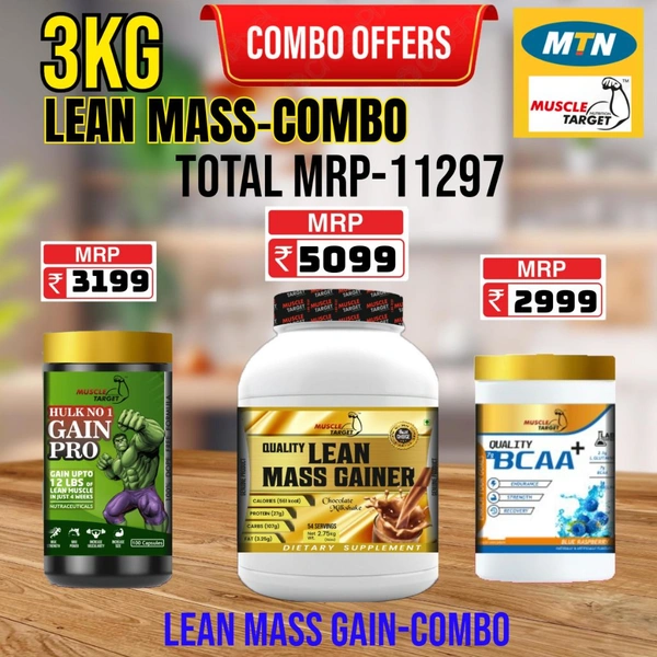 𝐂𝐎𝐌𝐁𝐎: 𝗤𝗨𝗔𝗟𝗜𝗧𝗬 𝗟𝗘𝗔𝗡 𝗠𝗔𝗦𝗦 𝗚𝗔𝗜𝗡𝗘𝗥- 3𝗞𝗚 + GAINS PRO + BCAA 30S
