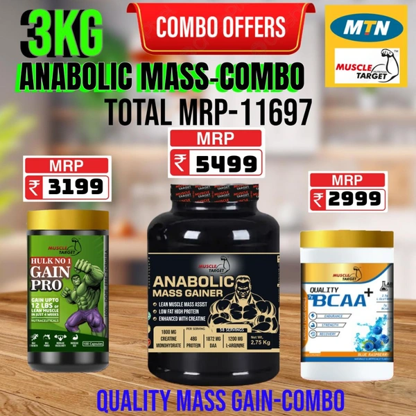 𝐂𝐎𝐌𝐁𝐎 : 𝗔𝗡𝗔𝗕𝗢𝗟𝗜𝗖 𝗠𝗔𝗦𝗦 𝗚𝗔𝗜𝗡𝗘𝗥 - 3𝗞𝗚 + GAINS PRO + BCAA 30S