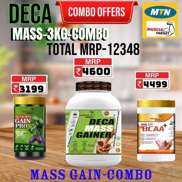 𝗖𝗢𝗠𝗕𝗢 : 𝗗𝗘𝗖𝗔 𝗠𝗔𝗦𝗦 𝗚𝗔𝗜𝗡𝗘𝗥 - 3𝗞𝗚 + GAINS PRO + BCAA 60S
