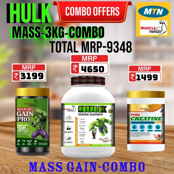 𝐂𝐎𝐌𝐁𝐎 :  𝗛𝗨𝗟𝗞 𝗠𝗔𝗦𝗦 𝗚𝗔𝗜𝗡𝗘𝗥 - 3𝗞𝗚 + GAINS PRO +  CREATINE 100GM