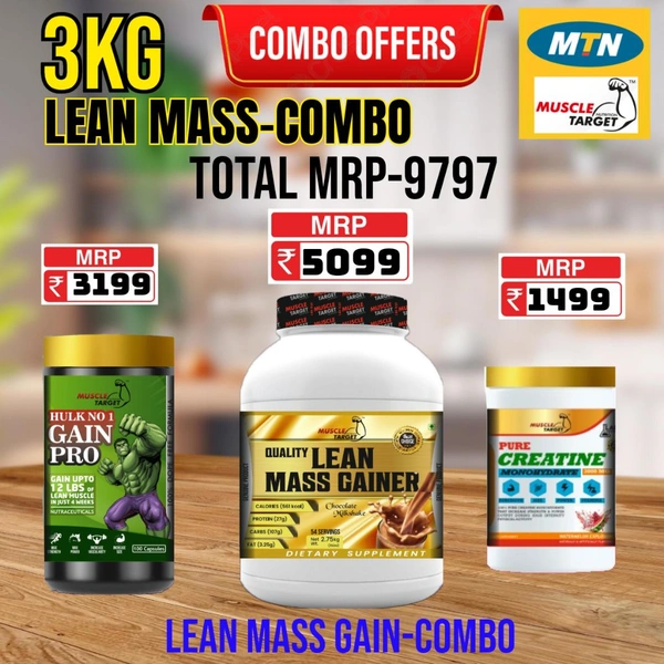 𝐂𝐎𝐌𝐁𝐎: 𝗤𝗨𝗔𝗟𝗜𝗧𝗬 𝗟𝗘𝗔𝗡 𝗠𝗔𝗦𝗦 𝗚𝗔𝗜𝗡𝗘𝗥- 3𝗞𝗚 + GAINS PRO + CREATINE 100GM