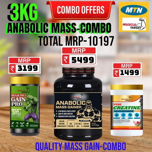 𝐂𝐎𝐌𝐁𝐎 : 𝗔𝗡𝗔𝗕𝗢𝗟𝗜𝗖 𝗠𝗔𝗦𝗦 𝗚𝗔𝗜𝗡𝗘𝗥 - 3𝗞𝗚 + GAINS PRO + CREATINE 100GM