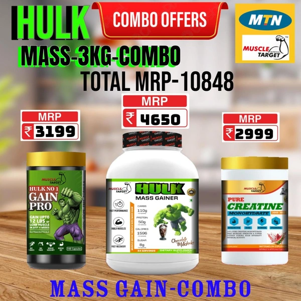 𝐂𝐎𝐌𝐁𝐎 :  𝗛𝗨𝗟𝗞 𝗠𝗔𝗦𝗦 𝗚𝗔𝗜𝗡𝗘𝗥 - 3𝗞𝗚 + GAINS PRO +  CREATINE 250GM