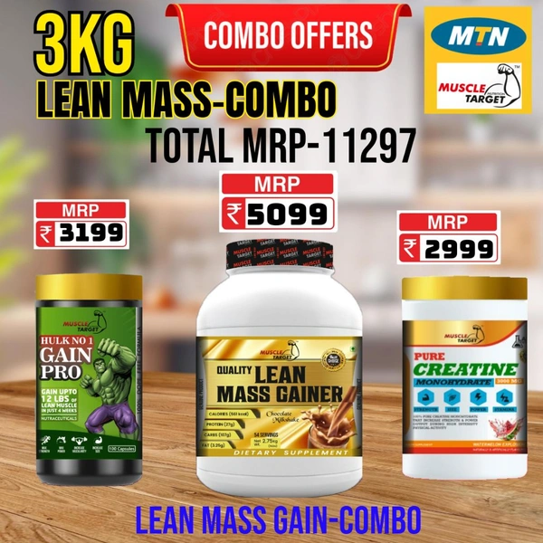 𝐂𝐎𝐌𝐁𝐎: 𝗤𝗨𝗔𝗟𝗜𝗧𝗬 𝗟𝗘𝗔𝗡 𝗠𝗔𝗦𝗦 𝗚𝗔𝗜𝗡𝗘𝗥- 3𝗞𝗚 + GAINS PRO + CREATINE 250GM
