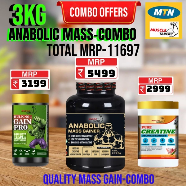 𝐂𝐎𝐌𝐁𝐎 : 𝗔𝗡𝗔𝗕𝗢𝗟𝗜𝗖 𝗠𝗔𝗦𝗦 𝗚𝗔𝗜𝗡𝗘𝗥 - 3𝗞𝗚 + GAINS PRO + CREATINE 250GM