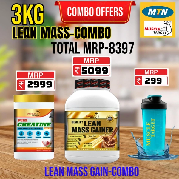 𝐂𝐎𝐌𝐁𝐎 : 𝗤𝗨𝗔𝗟𝗜𝗧𝗬 𝗟𝗘𝗔𝗡 𝗠𝗔𝗦𝗦 𝗚𝗔𝗜𝗡𝗘𝗥- 3𝗞𝗚 + PURE CREATINE  100GM