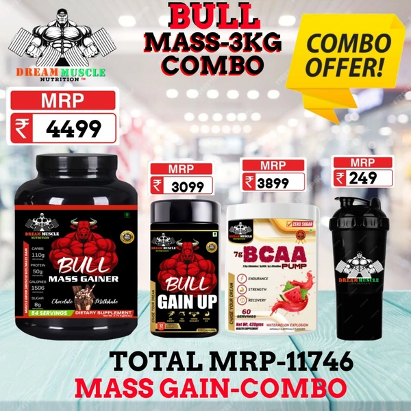 𝗖𝗢𝗠𝗕𝗢 :𝗕𝗨𝗟𝗟 𝗠𝗔𝗦𝗦 𝗚𝗔𝗜𝗡𝗘𝗥-3KG + BULL GAIN UP + BCAA 60S