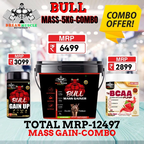 𝐂𝐎𝐌𝐁𝐎 :𝗕𝗨𝗟𝗟 𝗠𝗔𝗦𝗦 𝗚𝗔𝗜𝗡𝗘𝗥 - 5𝗞𝗚 + BULL GAIN UP + BCAA 30S