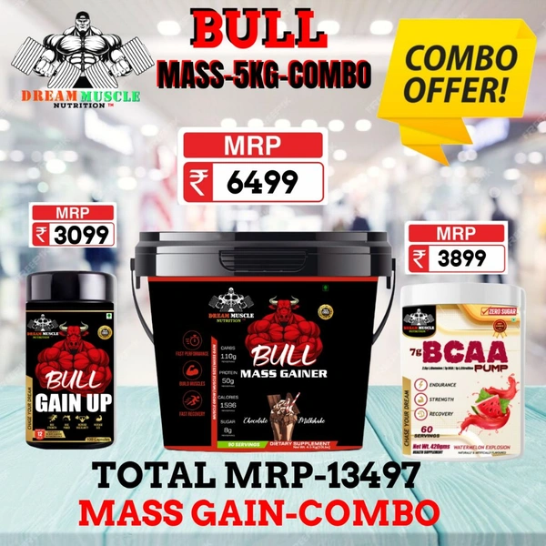 𝐂𝐎𝐌𝐁𝐎 :𝗕𝗨𝗟𝗟 𝗠𝗔𝗦𝗦 𝗚𝗔𝗜𝗡𝗘𝗥 - 5𝗞𝗚 + BULL GAIN UP + BCAA 60S