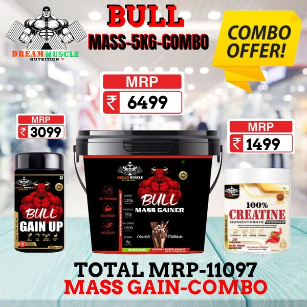 𝐂𝐎𝐌𝐁𝐎 :𝗕𝗨𝗟𝗟 𝗠𝗔𝗦𝗦 𝗚𝗔𝗜𝗡𝗘𝗥 - 5𝗞𝗚 + BULL GAIN UP + CREATINE 20S