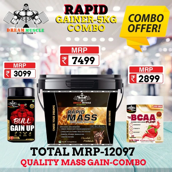 𝗖𝗢𝗠𝗕𝗢 :𝗥𝗔𝗣𝗜𝗗 𝗠𝗔𝗦𝗦 𝗚𝗔𝗜𝗡𝗘𝗥-5𝗞𝗚 + BULL GAINUP + BCAA 30S