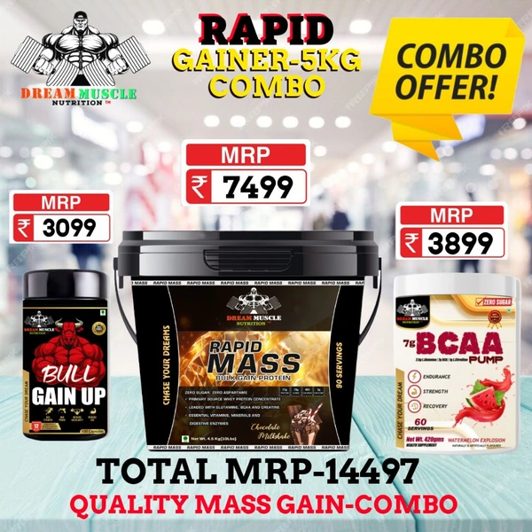 𝗖𝗢𝗠𝗕𝗢 :𝗥𝗔𝗣𝗜𝗗 𝗠𝗔𝗦𝗦 𝗚𝗔𝗜𝗡𝗘𝗥-5𝗞𝗚 + BULL GAINUP + BCAA 60S