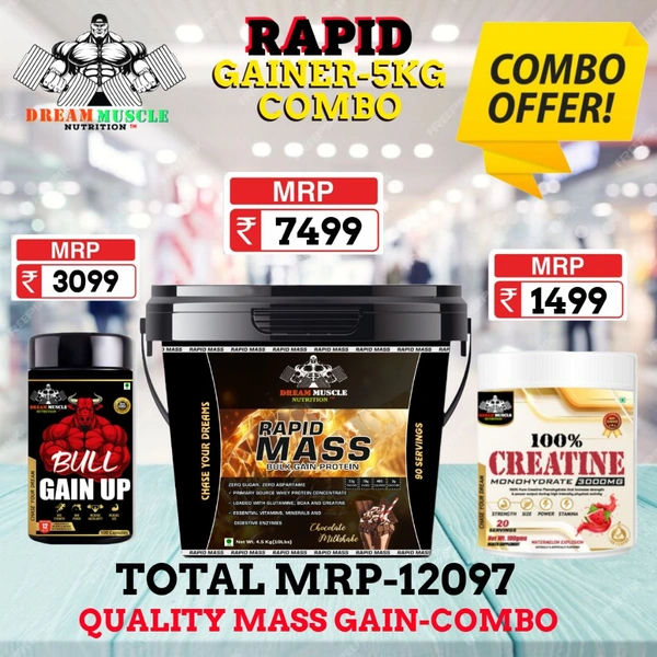 𝗖𝗢𝗠𝗕𝗢 :𝗥𝗔𝗣𝗜𝗗 𝗠𝗔𝗦𝗦 𝗚𝗔𝗜𝗡𝗘𝗥-5𝗞𝗚 + BULL GAINUP + CREATINE 100GM