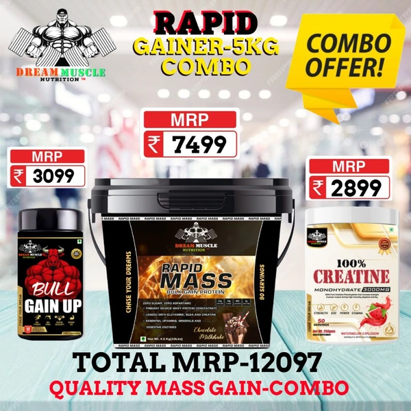 𝗖𝗢𝗠𝗕𝗢 :𝗥𝗔𝗣𝗜𝗗 𝗠𝗔𝗦𝗦 𝗚𝗔𝗜𝗡𝗘𝗥-5𝗞𝗚 + BULL GAINUP + CREATINE 250GM