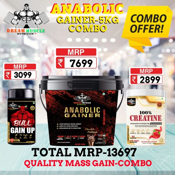 𝗖𝗢𝗠𝗕𝗢 :𝗔𝗡𝗔𝗕𝗢𝗟𝗜𝗖 𝗠𝗔𝗦𝗦 𝗚𝗔𝗜𝗡𝗘𝗥 -5𝗞𝗚 + BULL GAINUP +  CREATINE 250GM