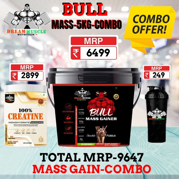 𝗖𝗢𝗠𝗕𝗢 :𝗕𝗨𝗟𝗟 𝗠𝗔𝗦𝗦 𝗚𝗔𝗜𝗡𝗘𝗥-5𝗞𝗚 + CREATINE 250GM