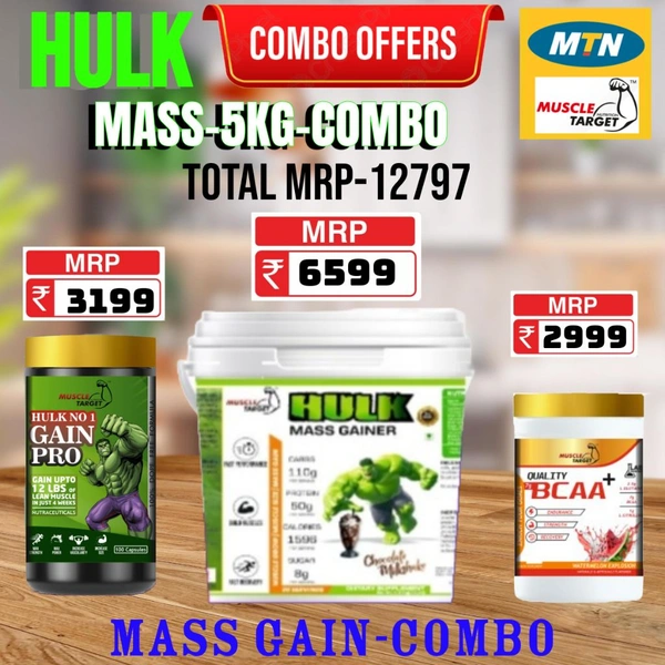𝐂𝐎𝐌𝐁𝐎 :  𝗛𝗨𝗟𝗞 𝗠𝗔𝗦𝗦 𝗚𝗔𝗜𝗡𝗘𝗥 - 5𝗞𝗚 + GAINS PRO +  BCAA 30S