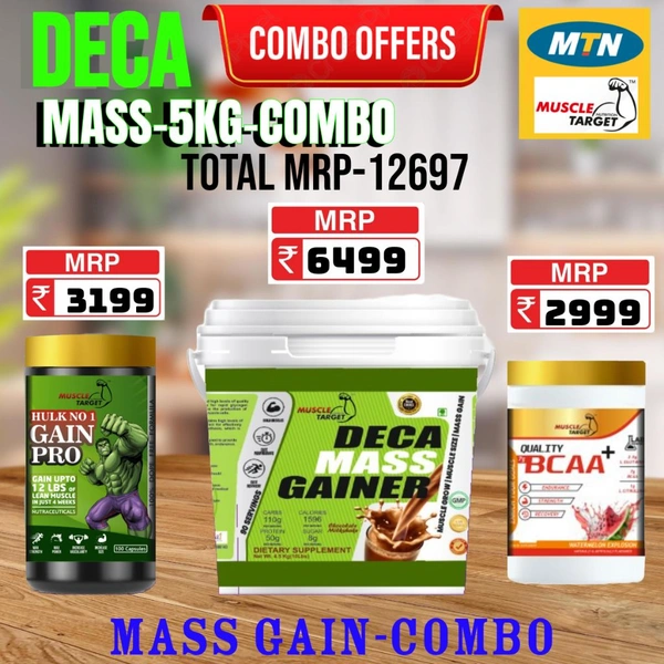 𝗖𝗢𝗠𝗕𝗢 : 𝗗𝗘𝗖𝗔 𝗠𝗔𝗦𝗦 𝗚𝗔𝗜𝗡𝗘𝗥 - 5𝗞𝗚 + GAINS PRO + BCAA 30S
