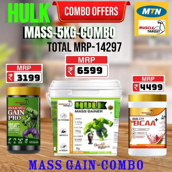 𝐂𝐎𝐌𝐁𝐎 :  𝗛𝗨𝗟𝗞 𝗠𝗔𝗦𝗦 𝗚𝗔𝗜𝗡𝗘𝗥 - 5𝗞𝗚 + GAINS PRO +  BCAA 60S