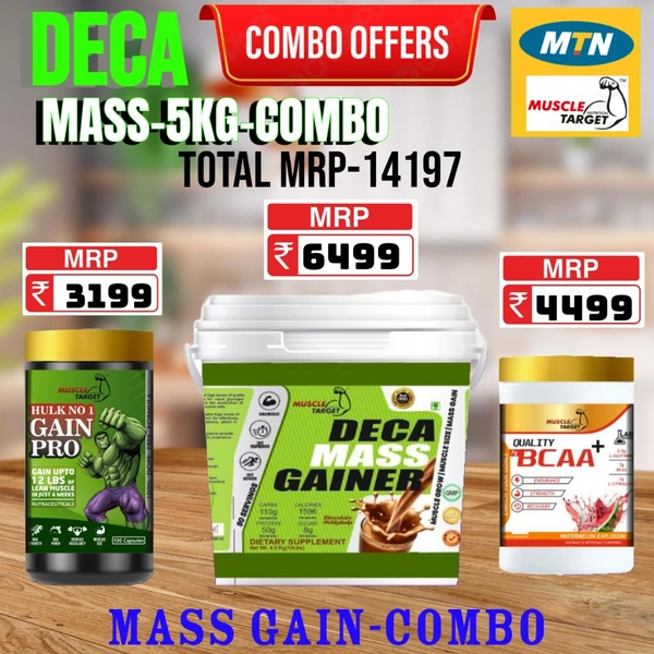 𝗖𝗢𝗠𝗕𝗢 : 𝗗𝗘𝗖𝗔 𝗠𝗔𝗦𝗦 𝗚𝗔𝗜𝗡𝗘𝗥 - 5𝗞𝗚 + GAINS PRO + BCAA 60S