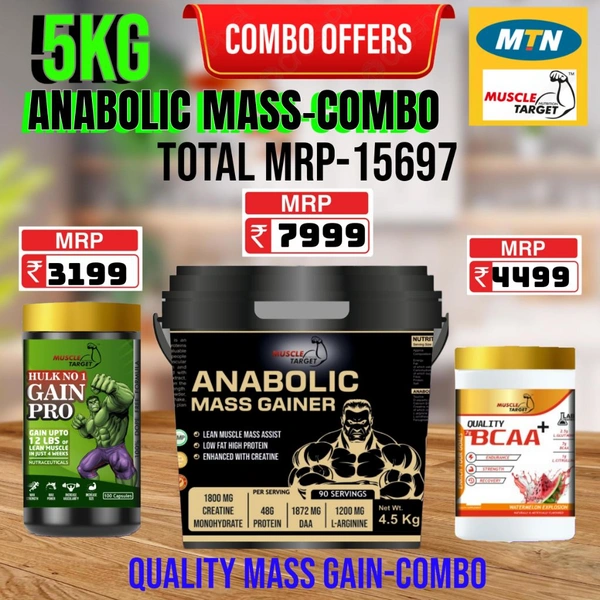 𝐂𝐎𝐌𝐁𝐎 : 𝗔𝗡𝗔𝗕𝗢𝗟𝗜𝗖 𝗠𝗔𝗦𝗦 𝗚𝗔𝗜𝗡𝗘𝗥 - 5𝗞𝗚 + GAINS PRO + BCAA 60S