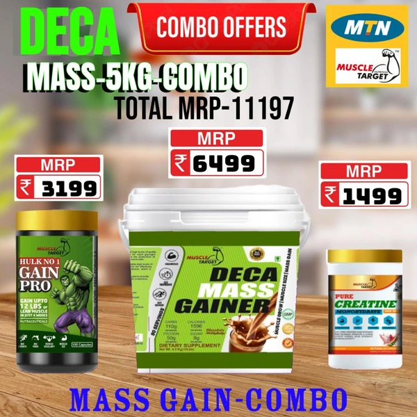 𝗖𝗢𝗠𝗕𝗢 : 𝗗𝗘𝗖𝗔 𝗠𝗔𝗦𝗦 𝗚𝗔𝗜𝗡𝗘𝗥 - 5𝗞𝗚 + GAINS PRO + CREATINE 100GM